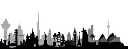 World skyline with architecture from around the globe as the big ben in london, the opera house