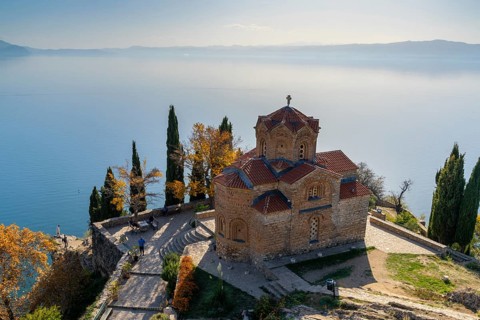 Ohrid, North Macedonia, 1 November, 2022: view of the church of Saint John and Lake Ohrid in North