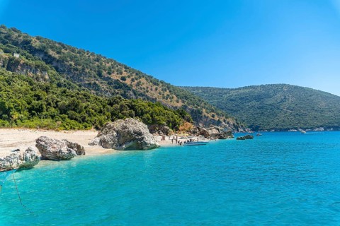 Paradise beach of Kroreza or Krorez from the boat on the Albanian riviera in Sarande, Albania,