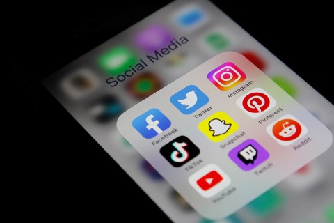 Social media icon, detailed view of a smartphone with social media apps, Facebook, Twitter,