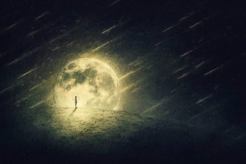 Starfall painting of a surreal world and a person silhouette on a desolate land. Starry night with