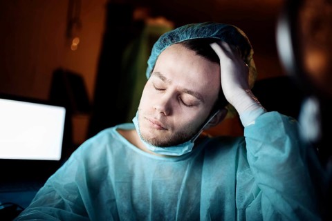 Tired sad surgeon doctor in depression upset and holds his head. Medical error and professional