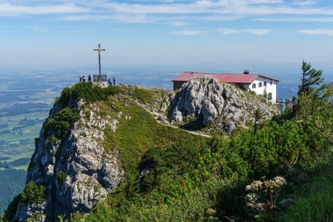 Summit of Hochfelln with summit cross and Hochfellnhaus, Bergen, Chiemgau, Upper Bavaria, Germany,