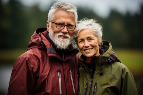 Older couple with grey hair in mackintosh standing happily in open nature, Nordic landscape and