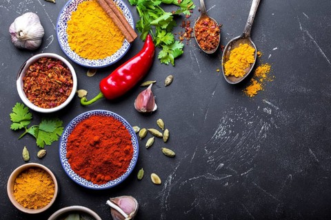 Set of Indian food cooking ingredients. Traditional Indian assorted spices and herbs. Curry,