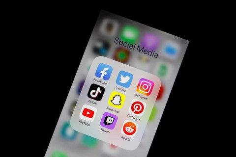 Social media icon, detailed view of a smartphone with social media apps, Facebook, Twitter,