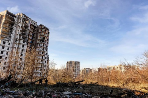 Destroyed and burned houses in the city during the war in Ukraine