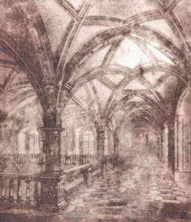 Gothic hallway with ornate architectural arches and columns, depicted in a monochrome sepia tone,