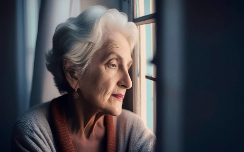 An elderly woman sits in her old flat and looks bored out of the window, loneliness, poverty in old