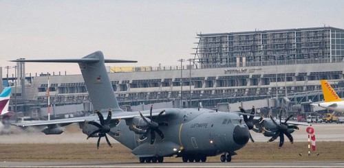 Airbus A400M military transport aircraft of the German Air Force landed at Stuttgart Airport with