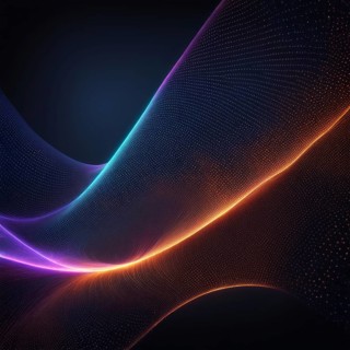 Digital artwork with a harmonious blend of neon purple, orange, and blue waves with light dots,
