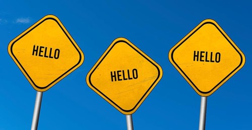 Hello, yellow signs with blue sky