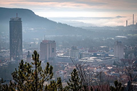 View of the city of Jena with the Jentower (Uniturm) and the Kernberge in the background, in low