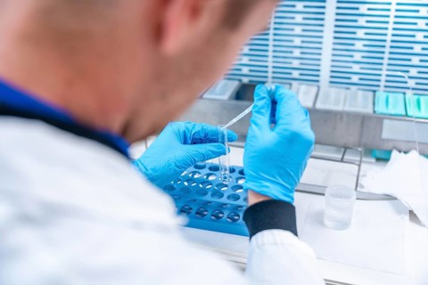 Doctor using pipette in a hospital laboratory to analyze samples