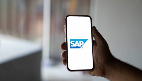 SAP SE logo is displayed on smartphone. SAP SE is a German multinational software company based in