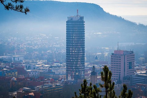 View of the city of Jena with the Jentower (Uniturm) and the Kernberge in the background, in low