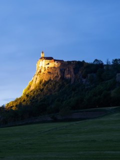Illuminated Riegersburg Castle, blue hour, Styrian volcano country, Styria, Austria, Europe