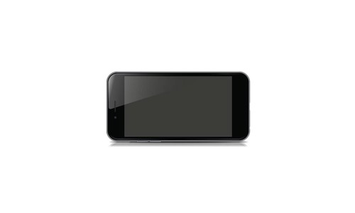 A black sleek smartphone with a touchscreen and a slight reflection on a white background