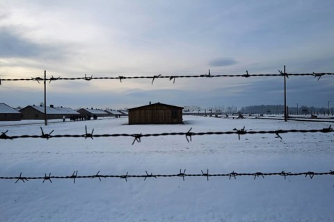 A view of barbed wire and huts i the Auschwitz-Birkenau camp. Auschwitz-Birkenau, Poland, Europe