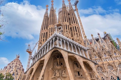 Detail of the door facade of the Basilica of the Sagrada Familia in Barcelona, Spain, Europe
