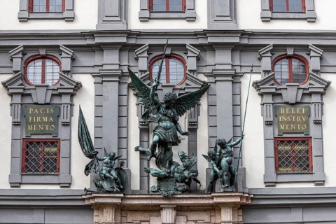 Baroque façade of the Zeughaus with St Michael's Group on Zeugplatz in the old town centre of