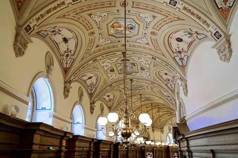 Interior design, Semperoper, Dresden, Saxony, Germany, Europe, A richly decorated ceiling with