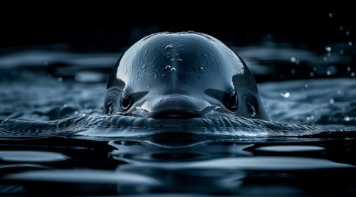 Monochrome close-up of a vaquita porpoise (Phocoena sinus) or cochito head emerging from water, ai
