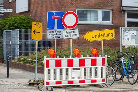 Traffic signs Barrier, Road closure, No entry, Residents free, Forest of signs, Bremen, Germany,