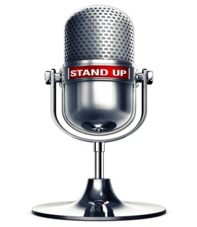 3D rendering of an microphone with the words stand up