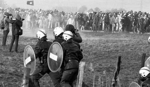 About 100, 000 demonstrators, peaceful and violent, came to Brokdorf in the district of Steinburg