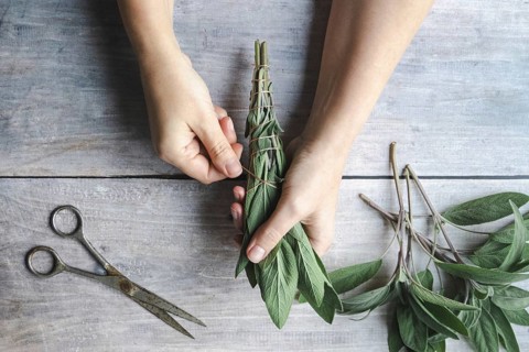 Sage smudge stick making, hands wrap string around sage leaf bundle, natural incense for home and