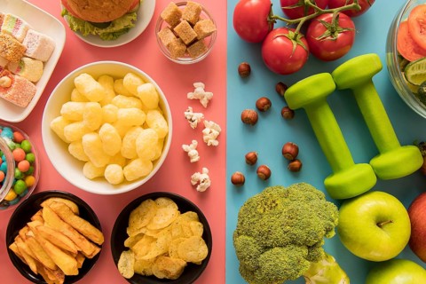 Top view healthy unhealthy food