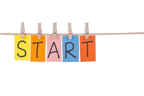 Start, Colorful words hang on rope by wooden peg