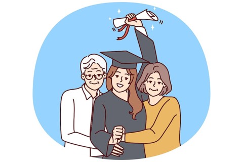 Happy elderly parents hug excited daughter in graduation mantle holding diploma. Smiling mature mom