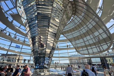 The dome of the Reichstag in Berlin. The architect Sir Norman Foster designed the steel and glass