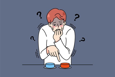 Distressed young man choose button to press feel confused and anxious. Stressed guy make choice
