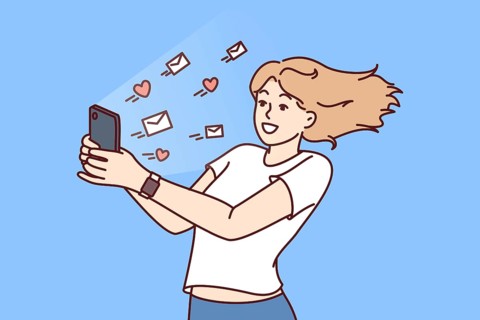 Woman with phone gets lot of messages and likes on social media and rejoices at popularity of