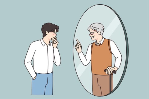 Young man look in mirror see talk with future old self. Younger generation male get advice from