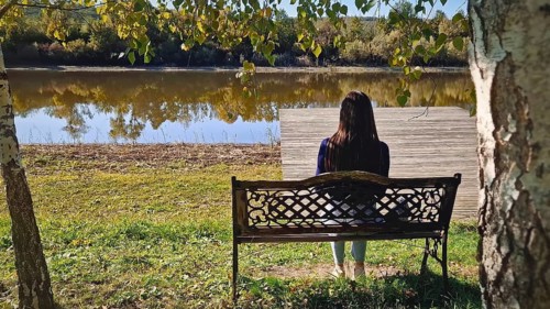 Single woman sitting on the bench at the lake surrounded by autumn foliage, beneath birch trees in