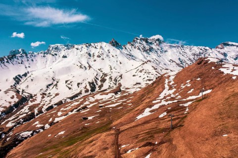 Panoramic view from the Seiser Alm to the Dolomites in Italy, drone shot