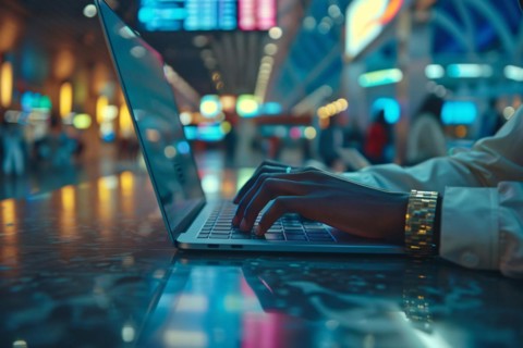 Close-up of hands typing on a laptop keyboard with blue illuminated background, AI generated