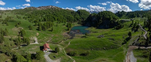 Lago Nero di Cesana, drone shot, Cesana Torinese, Piedmont, Italy, Europe