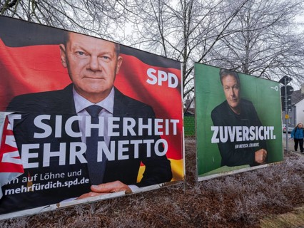Election posters for the federal election on 23 February 2025 of the SPD party with a portrait of