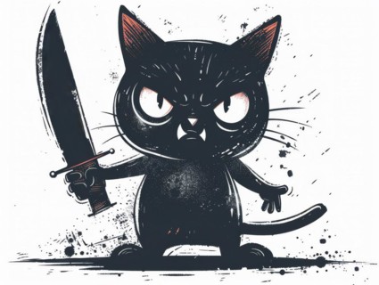 An aggressive-looking black cat wielding a knife with splatter effect, ai generated, AI generated
