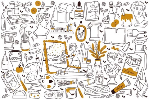 Painting doodle set. Collection of hand drawn sketches templates patterns of woman girl artist