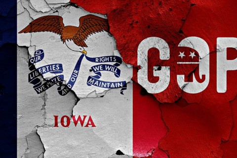 Flag of Iowa and gop painted on cracked wall