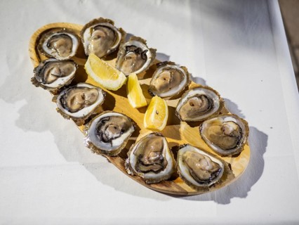 Oysters with lemon, served on a wooden board, Korcula, Dalmatia, Croatia, Europe