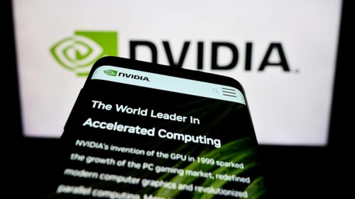 Stuttgart, Germany, 08-13-2023: Mobile phone with website of US technology company Nvidia