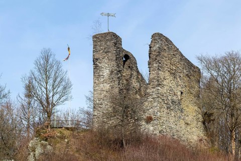 View of the Haller castle ruins in Monschau, Eifel, Germany, Europe