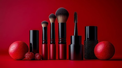 Black and red makeup brushes with textured red spheres and mascara, creating an elegant and